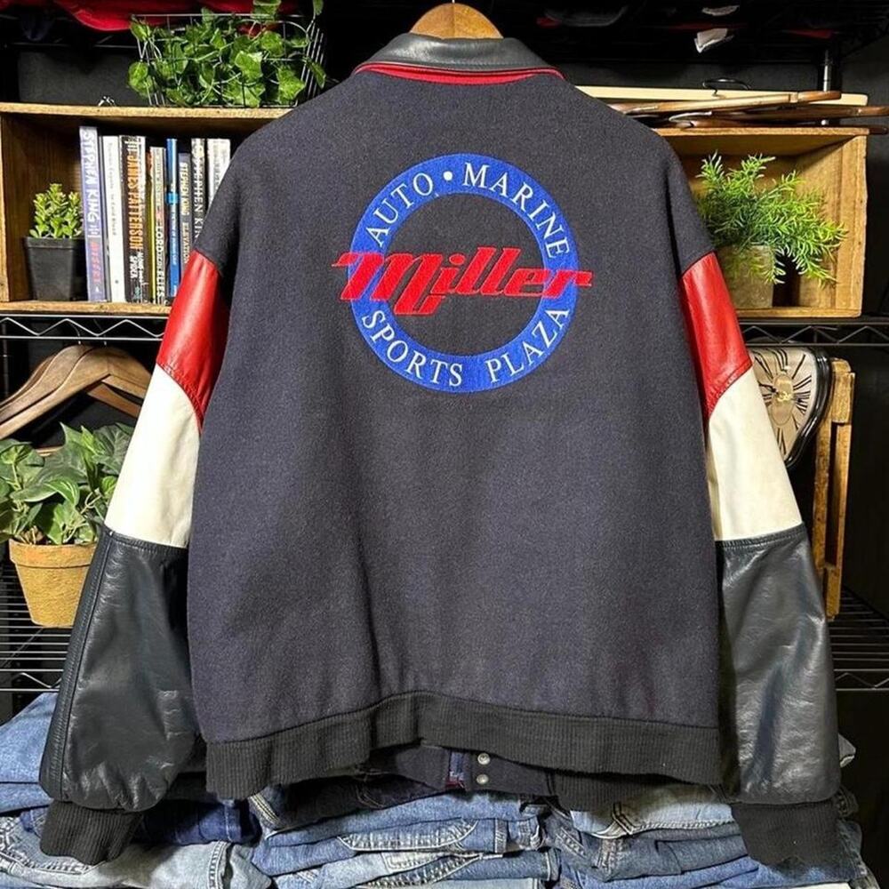Vintage 90s Miller Auto Marine Leather Jacket Black Mens XL Zip Up Racing Coat